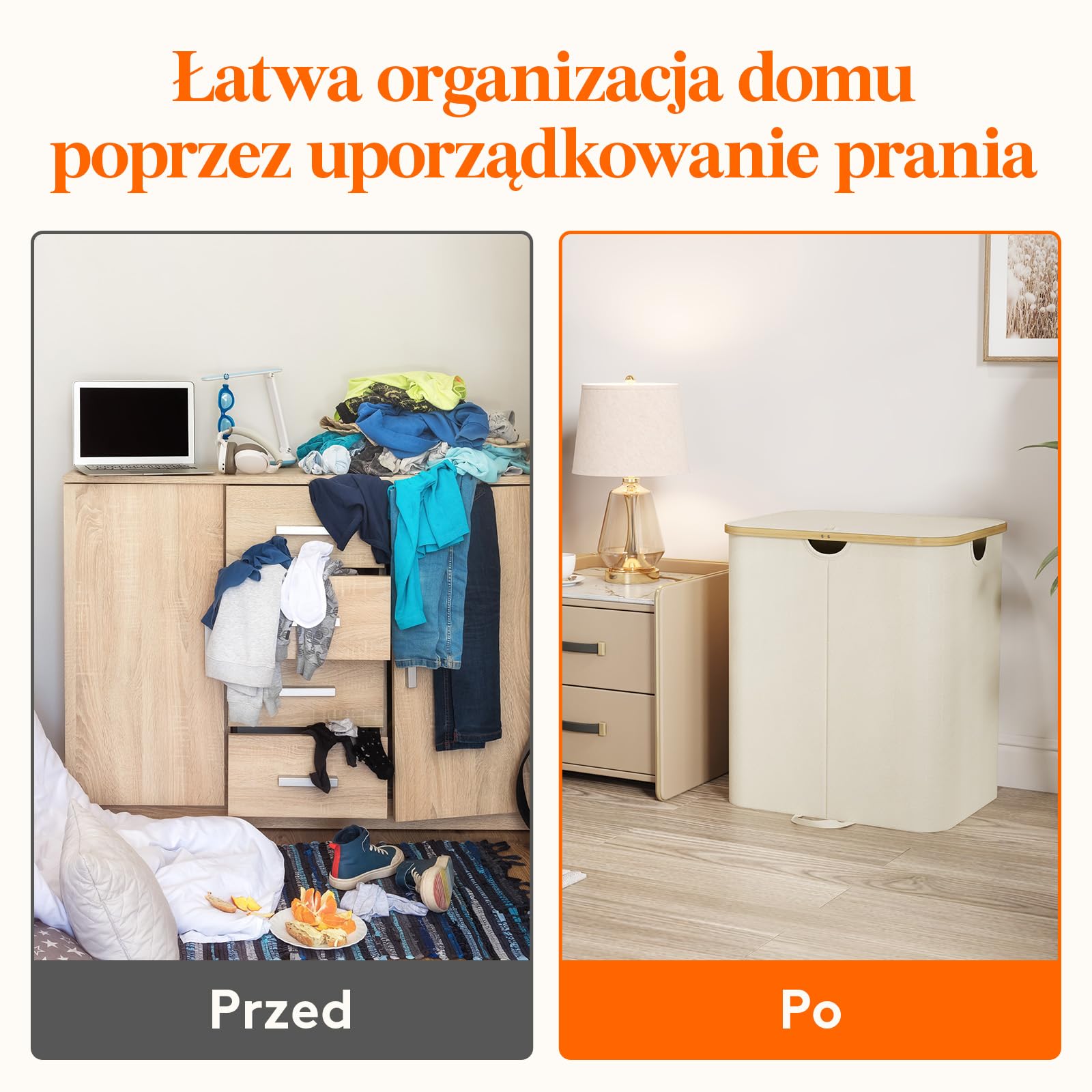 Lifewit 120L Kosz na Pranie z Pokrywą i Bambusowymi Uchwytami - Duży Składany z Wyjmowaną Torbą do Sypialni, Łazienki, Akademika, Pralni - Beżowy