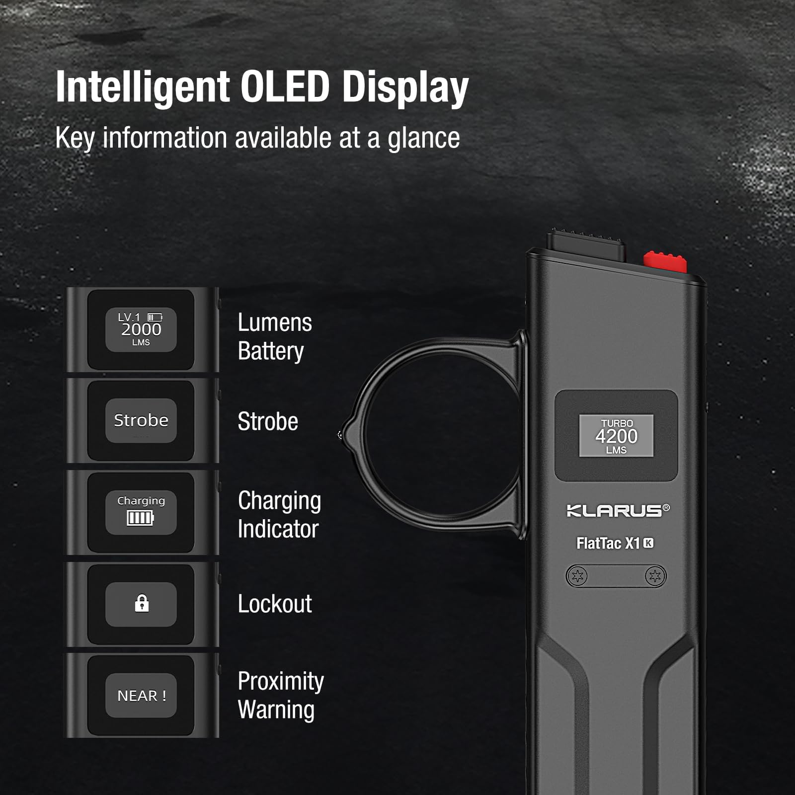 KLARUS FlatTac X1K Lampe torche tactique ultra-mince, 4200 lumens, puissante et compacte avec double interrupteur, écran OLED, étanchéité IPX6. Idéale pour les activités de plein air et le service.