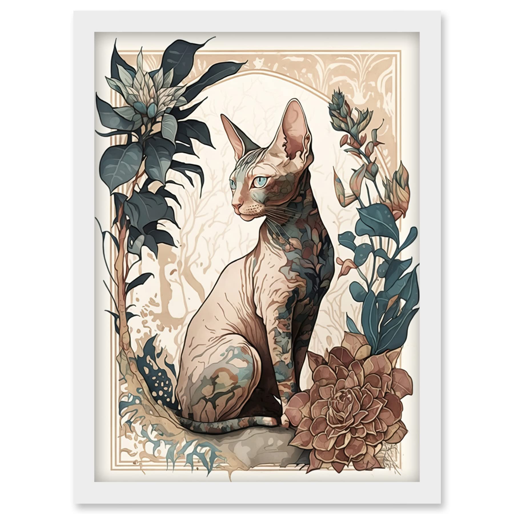 Artery8 Sphynx Cat with Flower Blooms Modern Art Nouveau Portrait Illustration Artwork Framed Wall Art Print A4