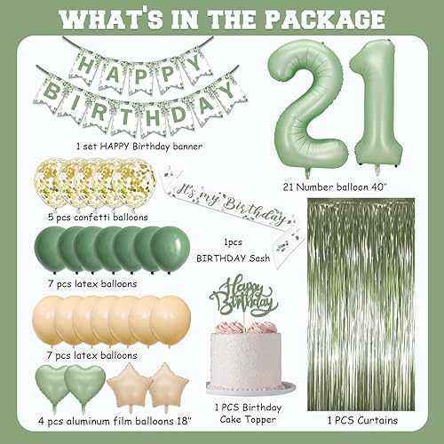Miniatura 2 de Decoraciones de cumpleaños 21 para ella, decoraciones de fiesta de cumpleaños verde salvia 21 - Cartel de feliz cumpleaños número 21, kit de globos