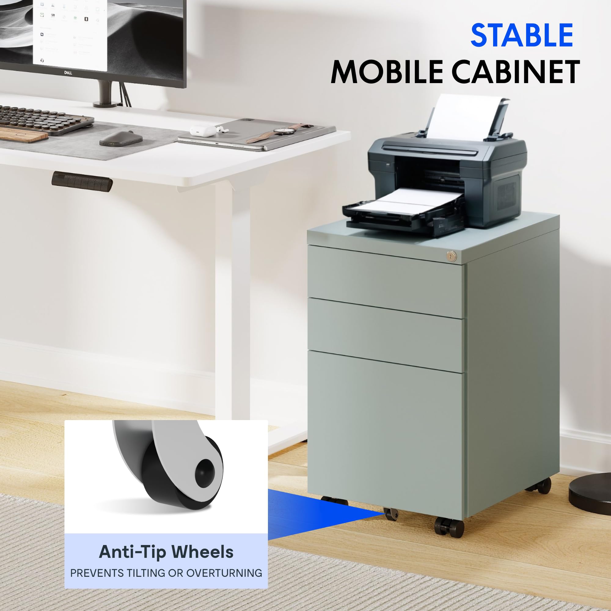 FLEXISPOT schedario con 3 cassetti, cassettiera da ufficio con ruote, armadietto con serratura e sistema anti-ribaltamento, mobiletto porta documenti per casa e ufficio, grigio blu
