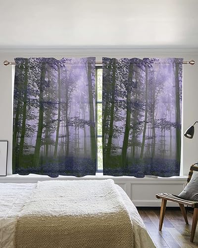 Miniatura 4 de Cortinas traslúcidas de bosque morado para baño, juego de 2 paneles de 54 pulgadas de largo, cortinas románticas de otoño para ventana de ventana de