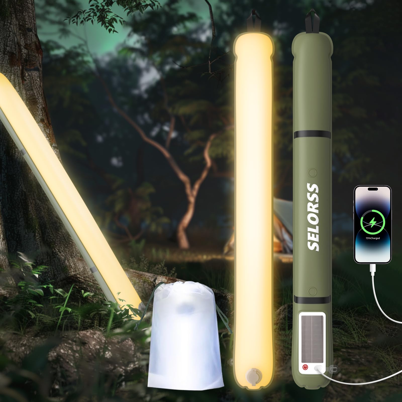 SELORSS Portable Inflatable Outdoor Camping Light, IP66 Waterproof Standard, Three White Light Modes and Strobe Signal Light for Camping, Hiking, Traveling, etc. (Green)