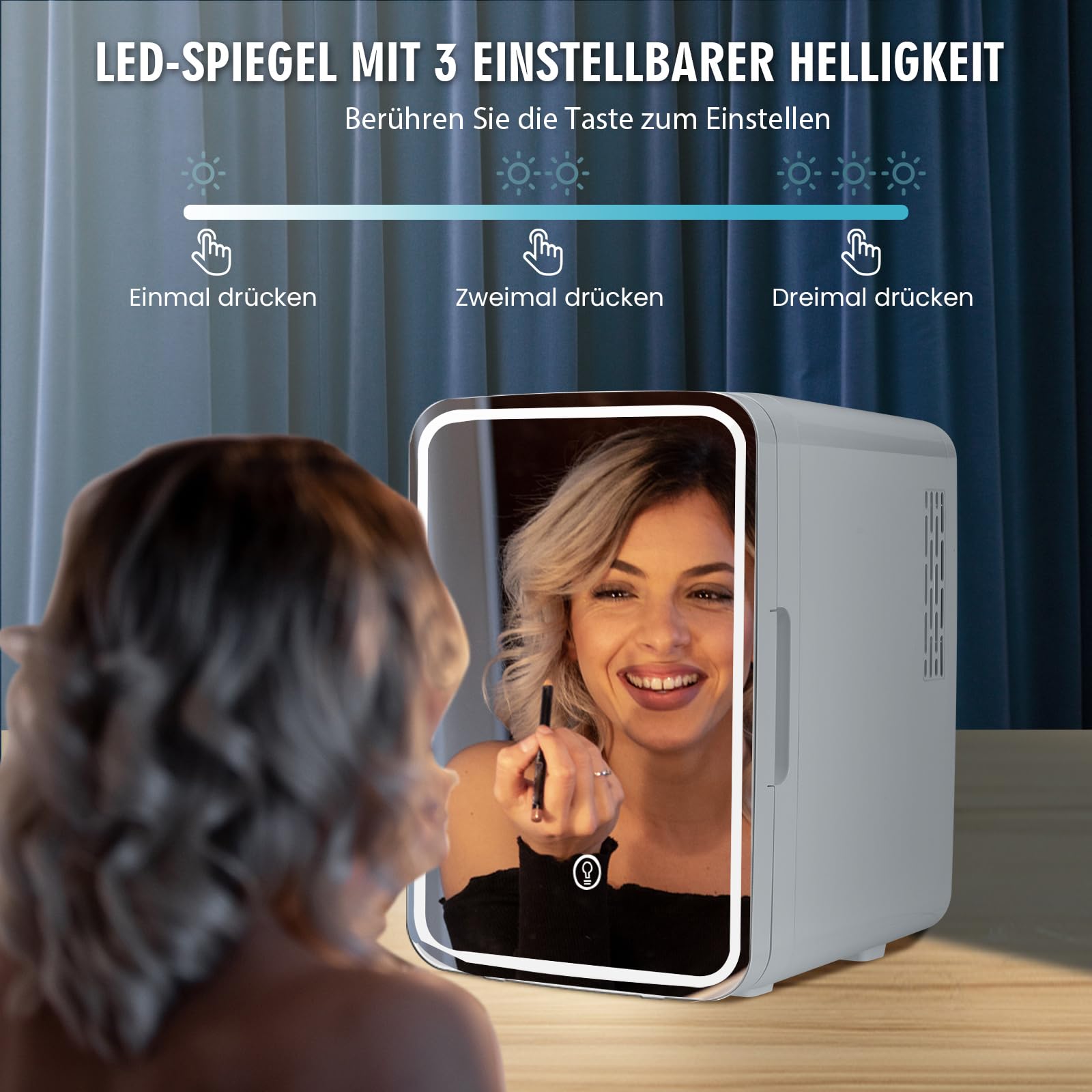 GOPLUS 2 in 1 Mini Kühlschrank mit LED Spiegel, 10 L AC/DC Fridge mit Kühl- & Heizfunktion & 3 Helligkeiten, Tragbarer Kühlschrank mit Abnehmbaren Ablagen für Skincare, Kosmetik & Getränke