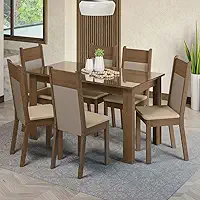 Conjunto Sala de Jantar Mesa Tampo de Vidro 6 Cadeiras Rustic/crema/bege Dora Madesa