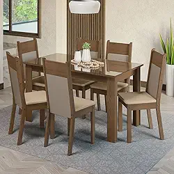 Conjunto Sala de Jantar Mesa Tampo de Vidro 6 Cadeiras Rustic/crema/bege Dora Madesa