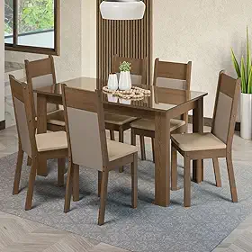 Conjunto Sala de Jantar Mesa Tampo de Vidro 6 Cadeiras Rustic/crema/bege Dora Madesa