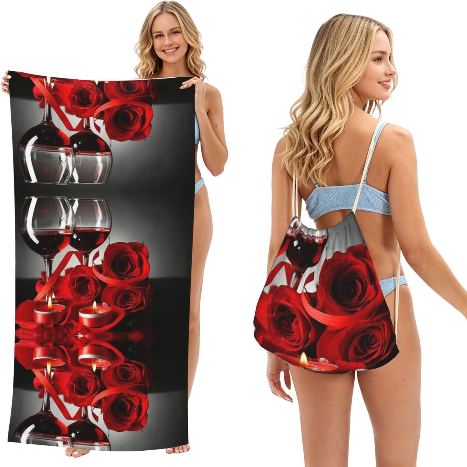 Ezdlowvba Black Red Wine Rose And Candle Print Beach Towel Backpack 2 In 1 Summer Large Lightweight Beach Towel - Multifunctional Ship Pattern Towel Bag For Storage,Sport