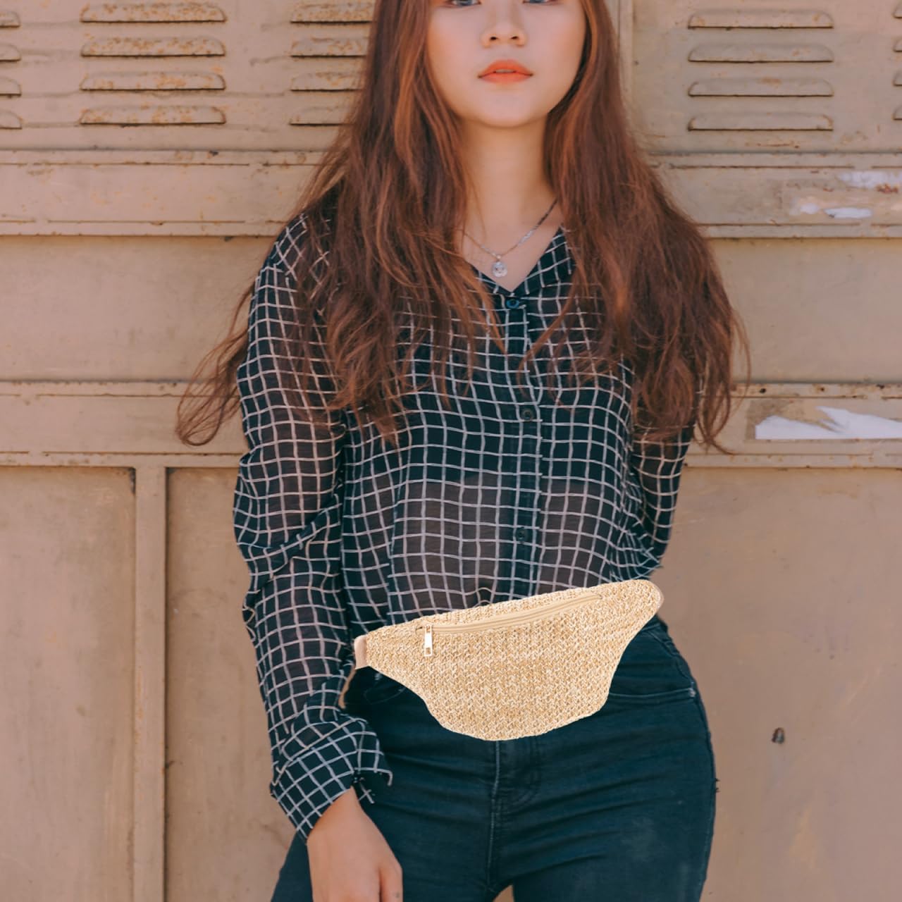 PRETYZOOM Summer Fanny Bag Artificial Straw Mini Woven Waist Pack Chest Pouch Crossbody Bag for Hiking Running Jogging 12" x 6" - Image 4