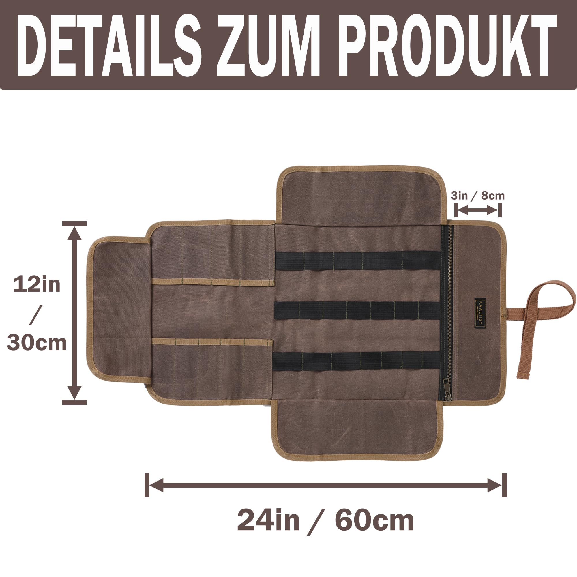 Tool Roll Pouch, Heavy Duty 16OZ Waxed Canvas Tool Bag Roll, Hand Tools Pouch with 1 Zipper Pocket + Elastic Band - Image 2