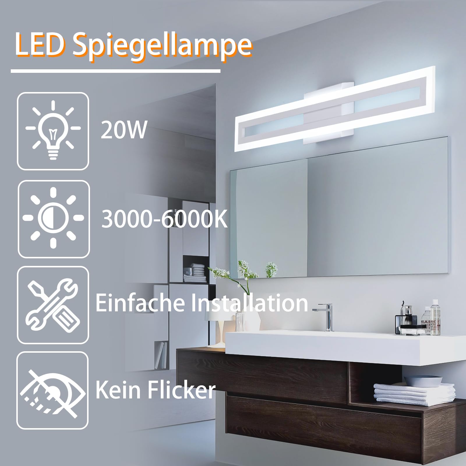 LED Spiegellampe Bad Wandbeleuchtung, 60 cm 20W moderne Wandleuchte, 3 Farbtemperaturen, lineare Wandleuchte für Badezimmer, Schlafzimmer, Flur, Weiß