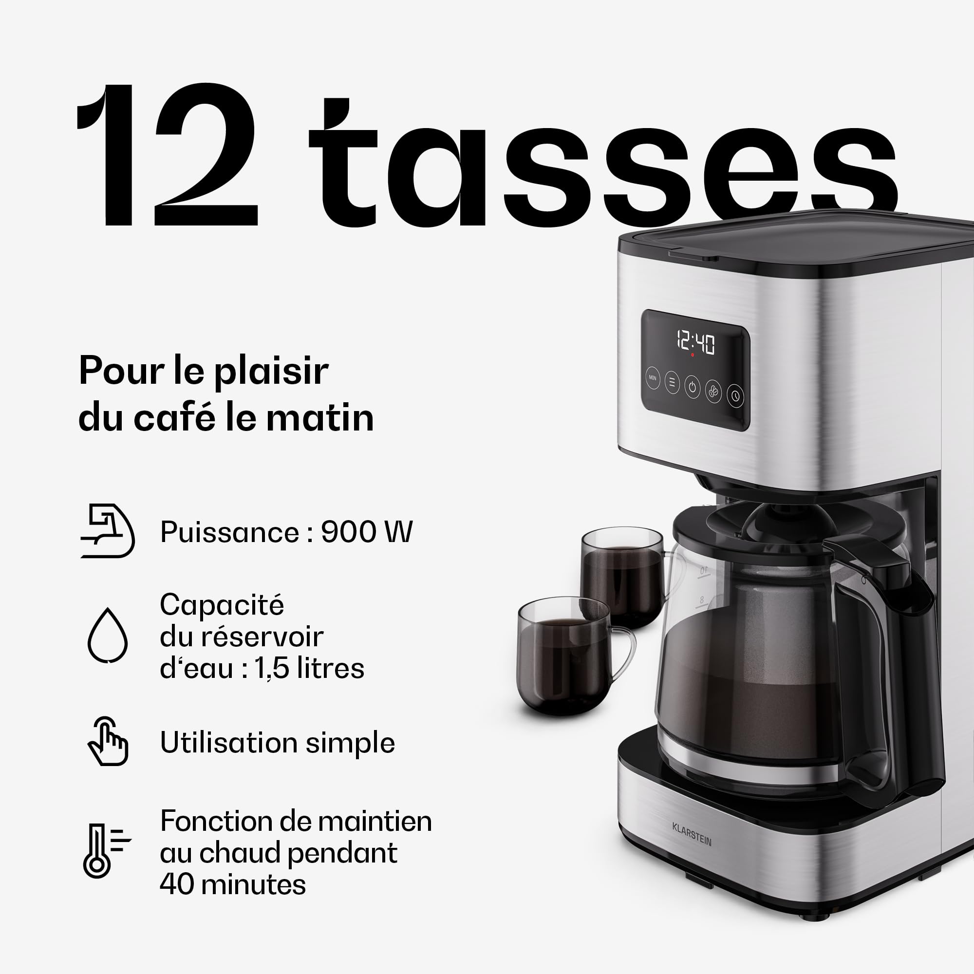 Klarstein Verosteel Set Petit-Déjeuner Complet – Grille-Pain 2 Fentes 7 Niveaux, Bouilloire Électrique Inox 1,7L, Cafetière Filtre 12 Tasses, Design Moderne, Support à Petits Pains