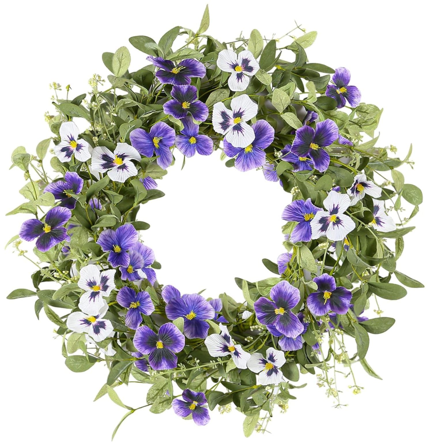 Perodlly Spring Summer Front Door Wreath, 18 Inch Artificial Floral Wreath with Eucalyptus and Pansies for Farmhouse Wall Window Home Decor.
