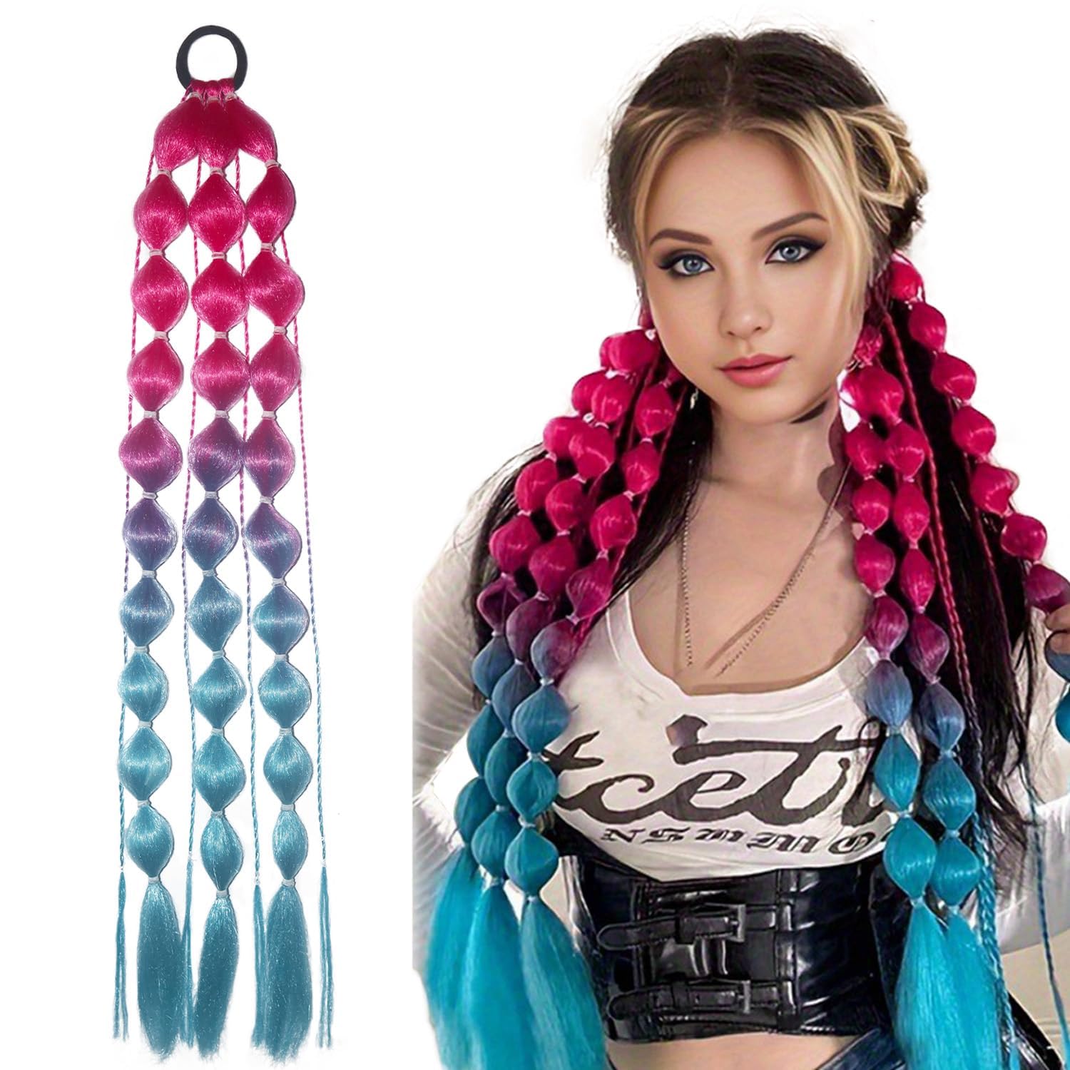 2 PCS Colored Hair Extensions, 20" Lightweight Bubble Ponytail Extension with Hair Tie, Ombre Crazy Day Accessories for Hair Decor Cosplay Performance Party Accessories