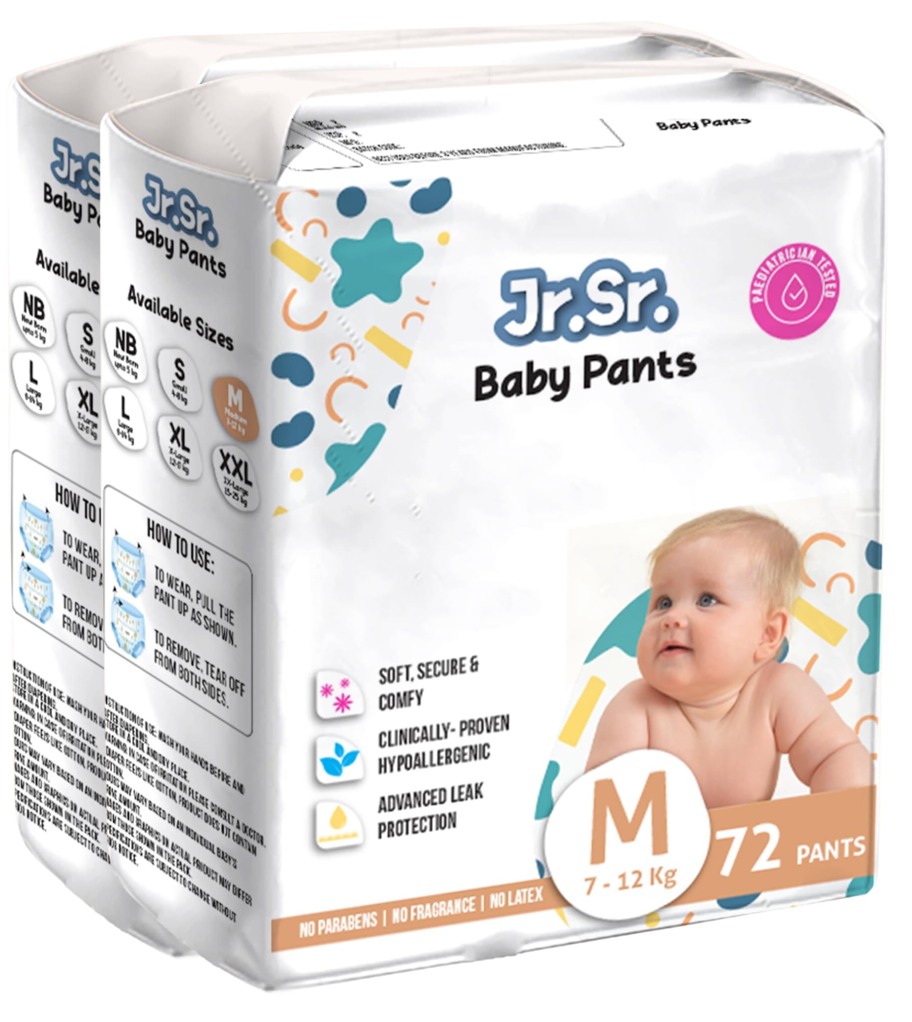 Baby Diaper Pants | Medium (M) Size (7-12 kg), 144 Count | Pack of 2 | Upto 12 hr Absorption with Advanced Leak Protection | Safe For Babies Skin | Soft, Secure & Comfy