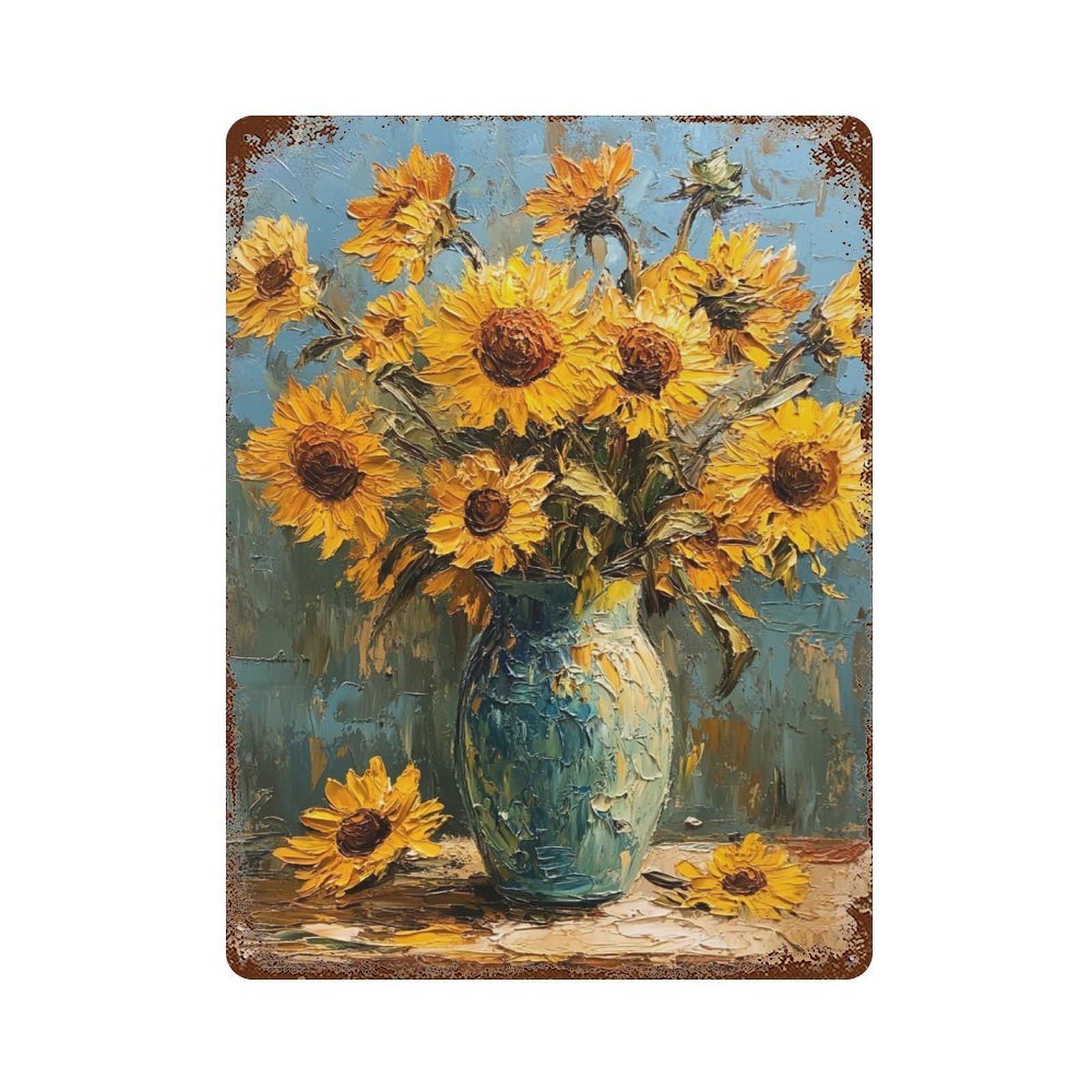 Sunflower Bouquet Oil Painting-3 Aged Metal Wall Plaque 15.7"x11.8", for Office, Studio And Wall Decor, Novelty Wall Decor
