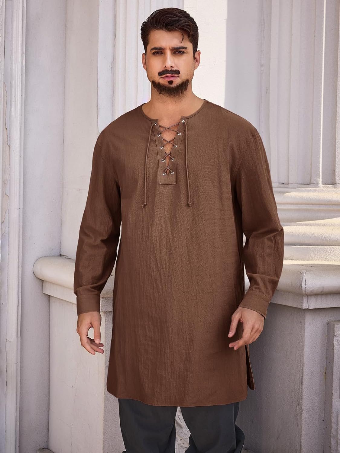 Runcati Mens Medieval Pirate Costume Tunic Renaissance Viking Lace Up Cotton Shirts Knight Warrior LARP Halloween Tops - Image 2