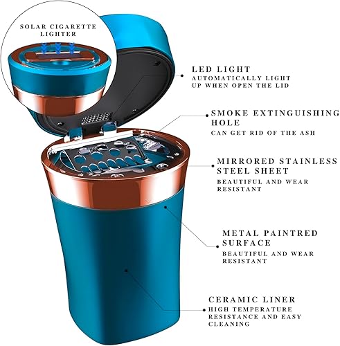 Miniatura 22 de Cenicero de automóvil, cenicero automático, encendedor electrónico de cigarrillos desmontable, alimentado por energía solar/recargable por USB