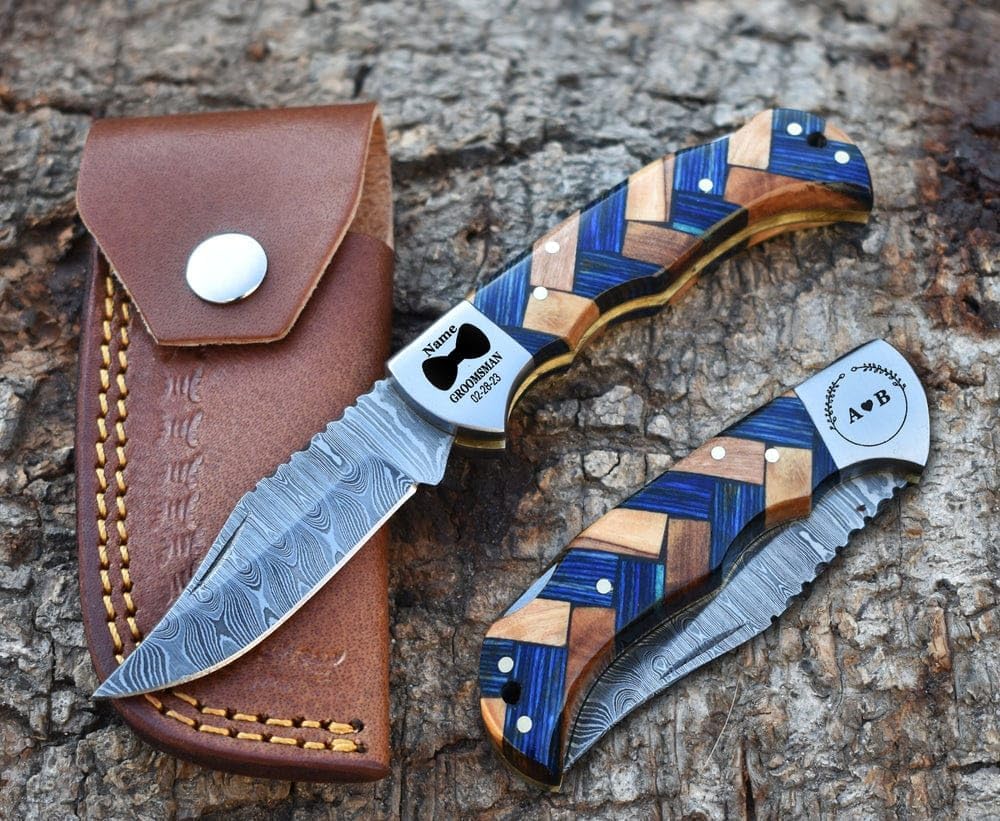 Personalized Decorative Fancy Handmade Damascus Steel Back Lock Pocket Knife Pakka Wood Olive Wood Handle Folding Knife Sharp Edge come with Premium Leather Sheath (Blue Pakka Wood Olive Wood)