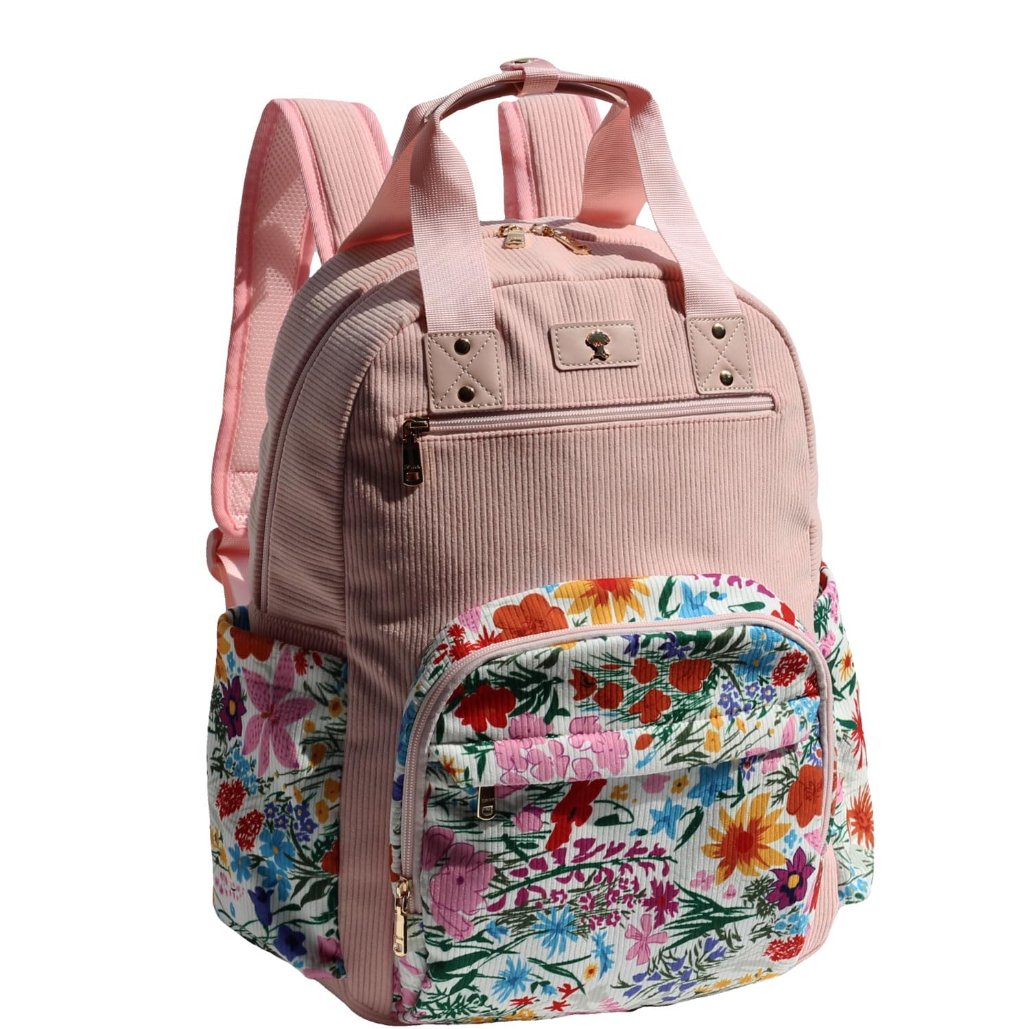 ESVAN Diaper Bag Backpack, Large Capacity Multifunction Baby Essentials Fashion Travel Pack Linen Canvas office Laptop Bag (Corduroy A Pink Flower)