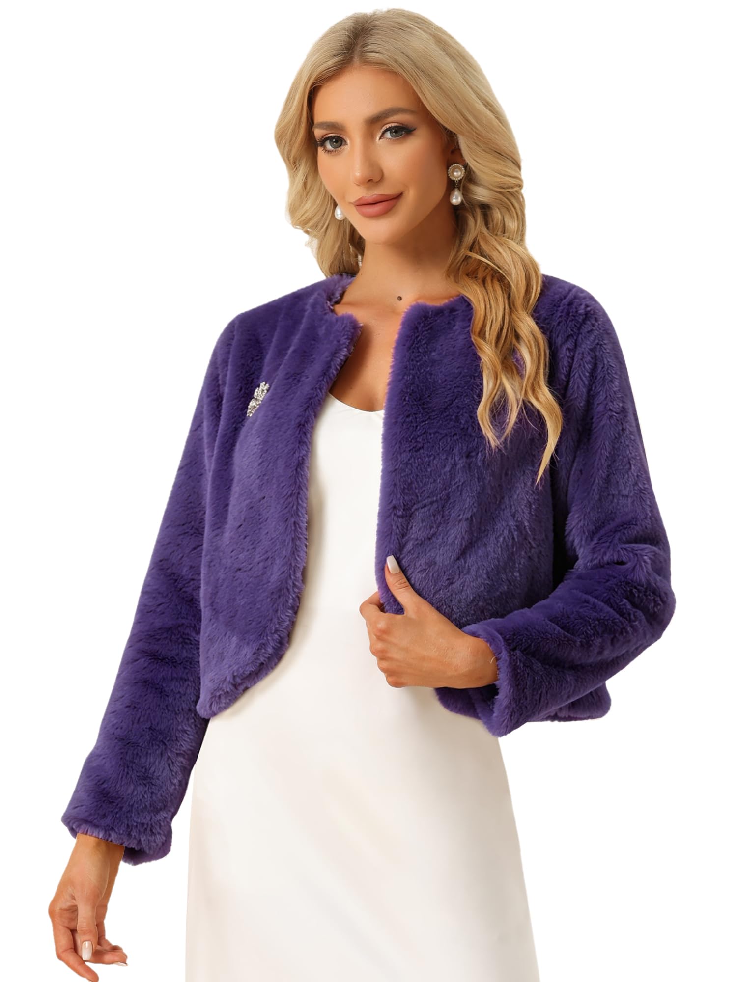 Allegra K Boléro de mariage pour femme - Veste en fausse fourrure ouverte sur le devant, violet, Taille L