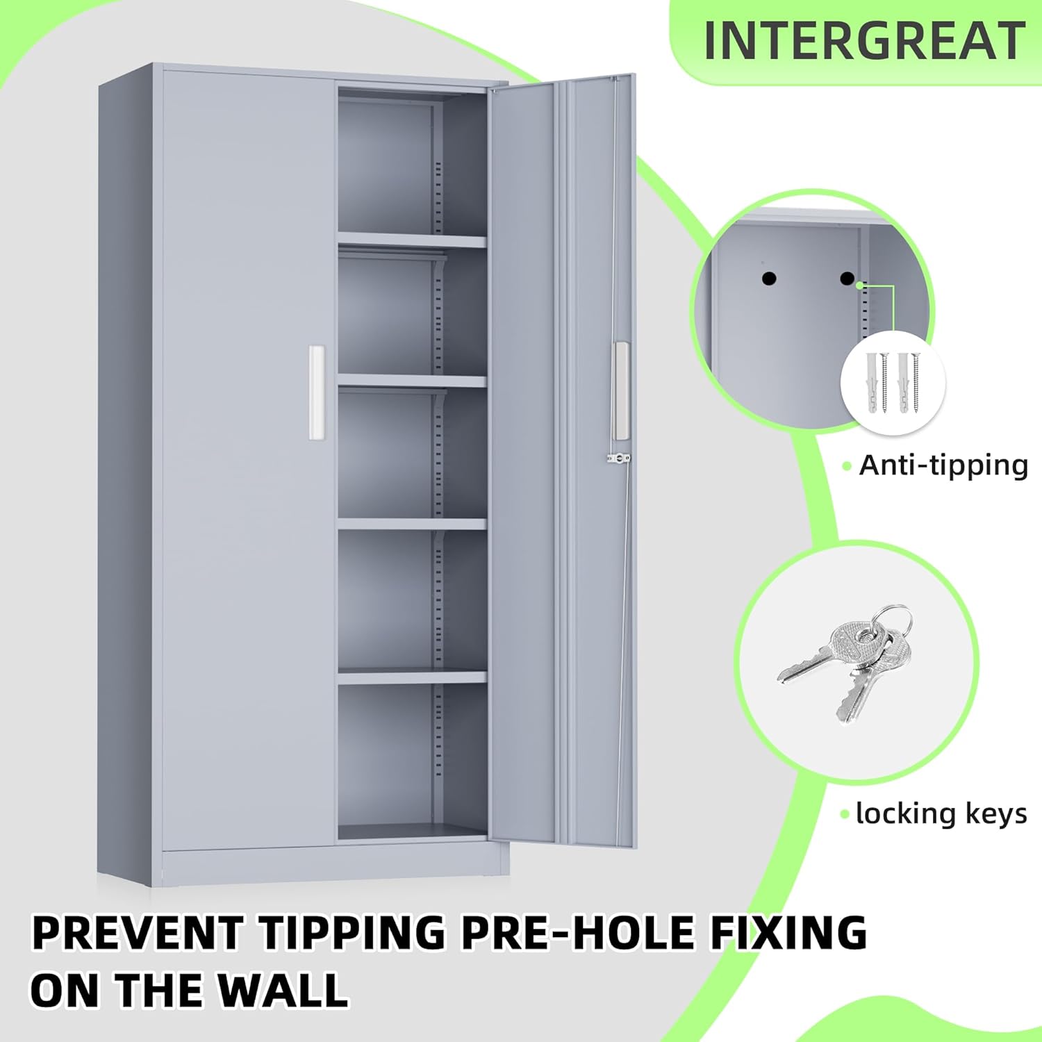INTERGREAT Metal Lockable Storage Cabinet, 72” Storage Cabinet with 2 Doors and 4 Adjustable Shelves for Office, Home, Garage, Pantry (Assembly Required, Cement Gray)