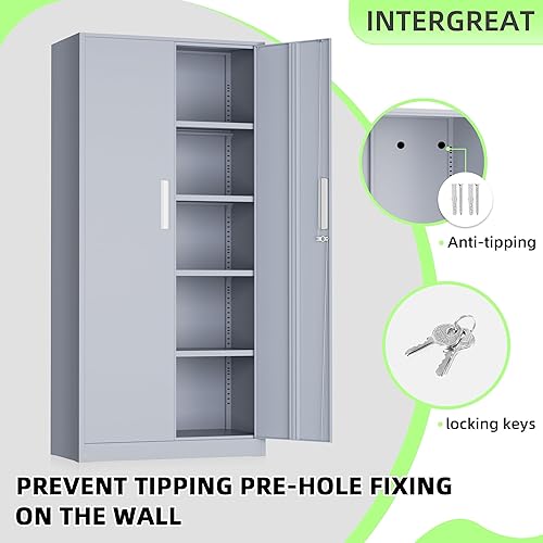 Miniatura 5 de INTERGREAT Armarios de almacenamiento de garaje con puertas y estantes, gabinete de acero con bloqueo de herramientas de 72 pulgadas, gabinete de
