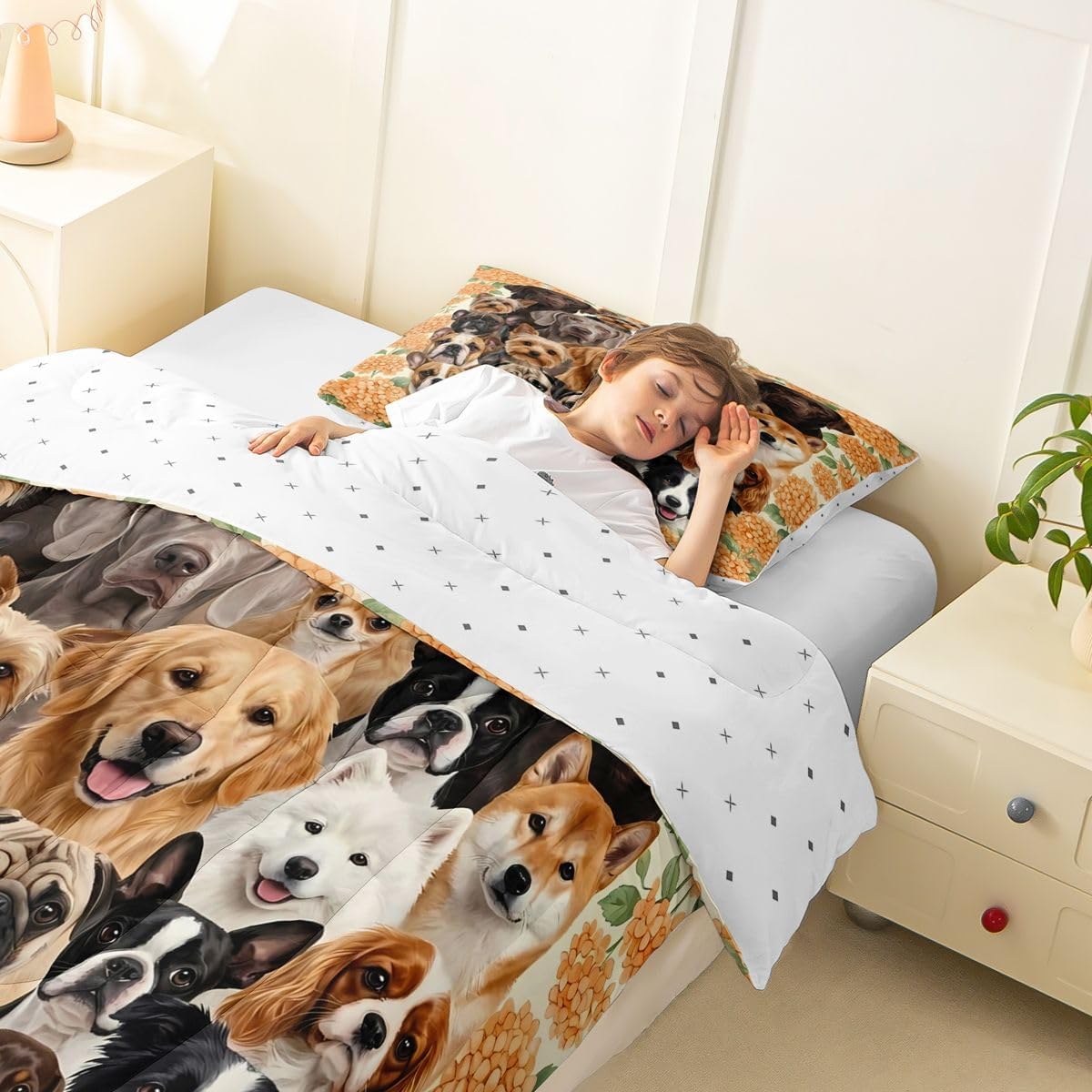 Dog Comforter Set Cute Pug Dog Kids Bedding Set for Boys Girls Teens Pet Comforter Flowers Branch Animal Decor Quilt Room 2Pcs Twin Size image 4