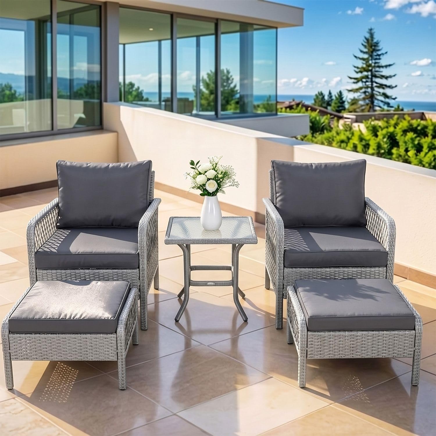 DEVOKO Outdoor Patio Furniture 5 Pieces Set, All Weather Wicker Rattan Set with Cushioned Patio Chairs, Ottoman Set, Glass Side Table for Lawn, Pool, Balcony (Silver Gray & Grey)
