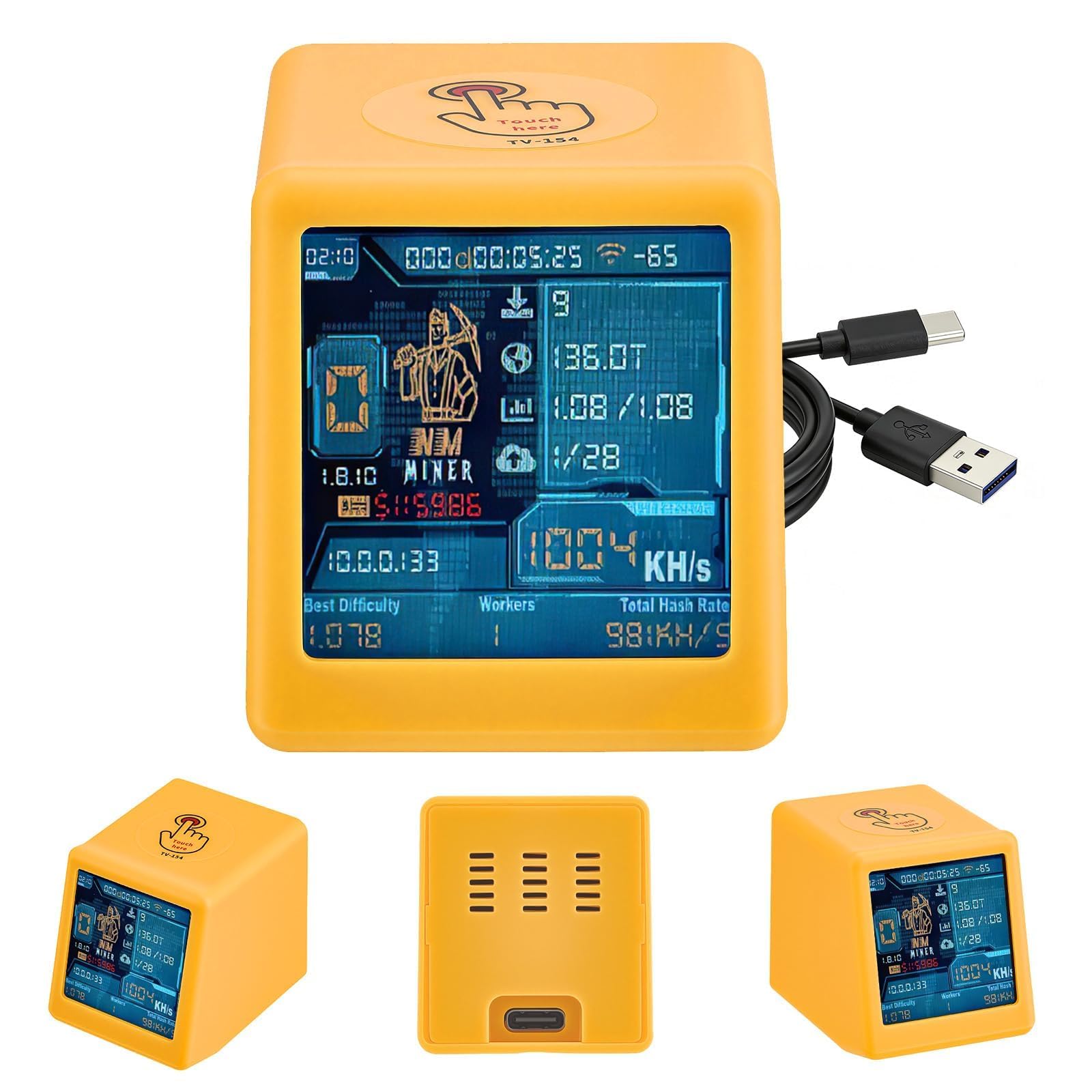Luckyminer V2 Bitcoin Miner - 1060 KH/s Solo Lottery Miner Mit ESP32-WROOM-32, 1,54-Zoll-Display & Hash-Rate-Rechner - Plug & Play USB Miner Für Zuhause, Büro & Als Tischuhr (Kompatibel Mit V2)