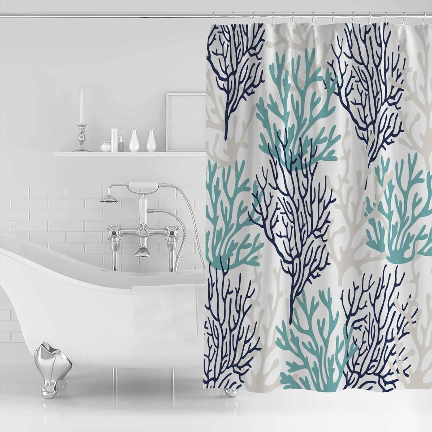Aqua Navy Blue Coral Shower Curtains for Bathroom, Waterproof Fabric Shower Curtain with Hooks, Water Repellent Bath Curtain for Home Hotel Bathtub Decor Ocean Coastal Summer Beach 72 x 72inch