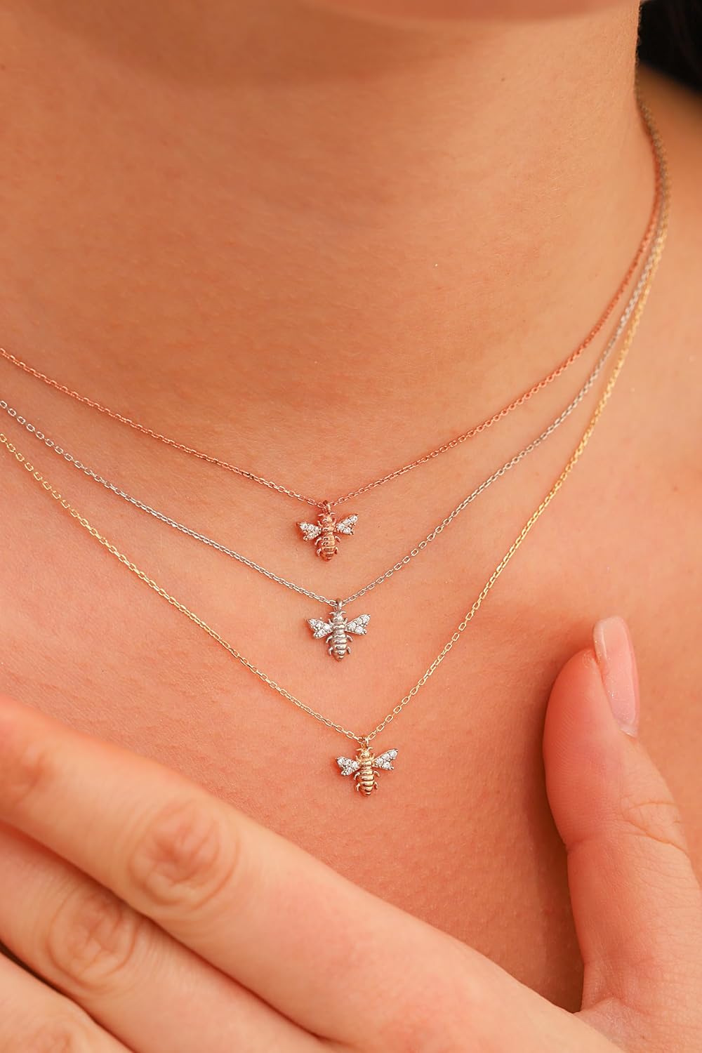 14K Solid Gold Bee Necklace, Dainty initial Bee Pendant, Minimalist Gold Animal Necklace