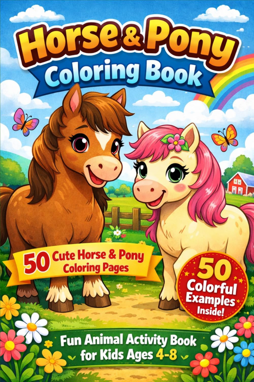 Horse & Pony Coloring Book: 50 Easy Horse & Pony Coloring Pages + 50 Colorful Reference Images | Cute Animal Coloring Activity Book for Kids Ages 4-8 | 6 x 9 Inches      Paperback – Large Print, March 14, 2026