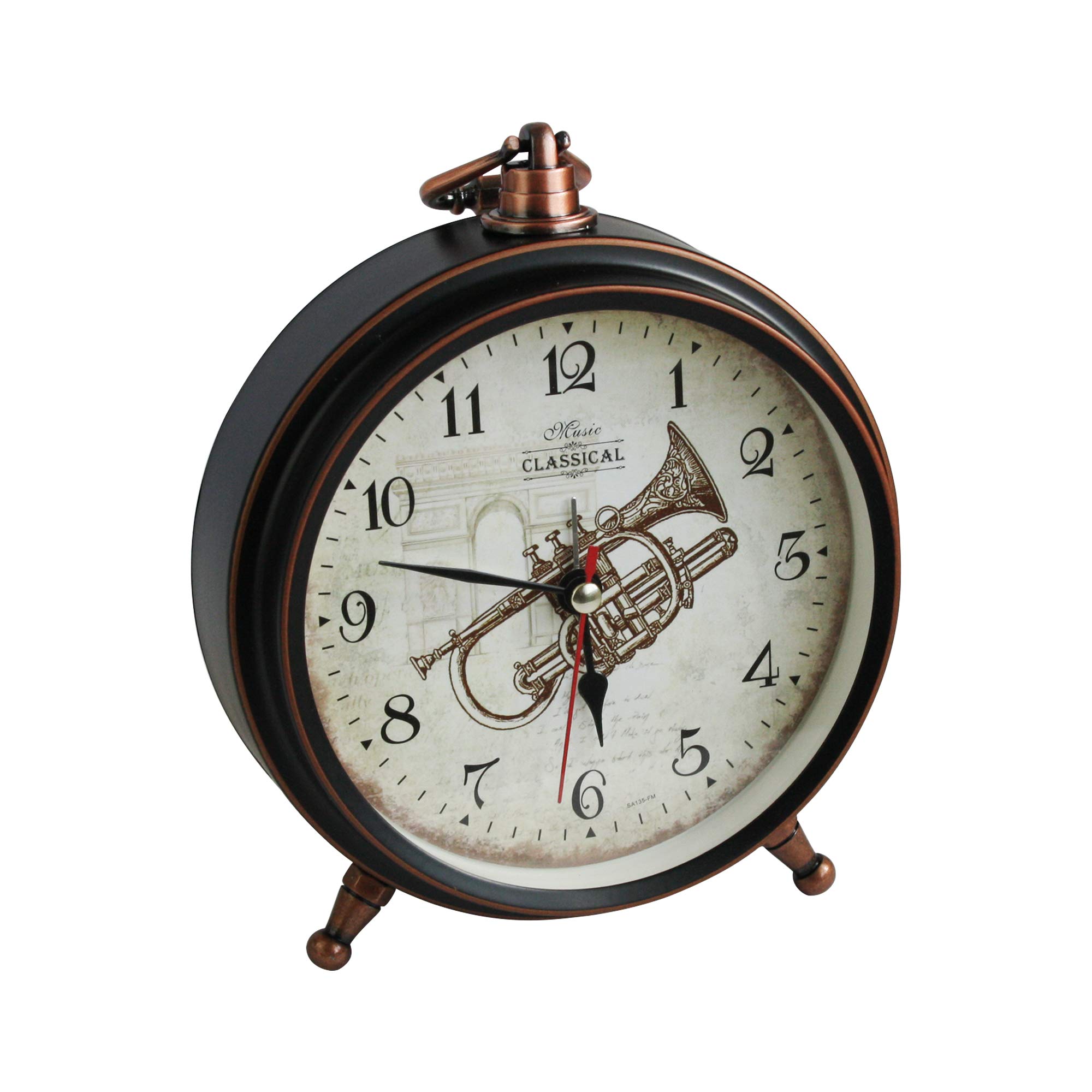 Emartbuy 5.5 Inch Non-Ticking Bedside/Table Quartz Alarm Clock, Battery Operated Travel Clock, Round and Alarm Clock - Trumpet