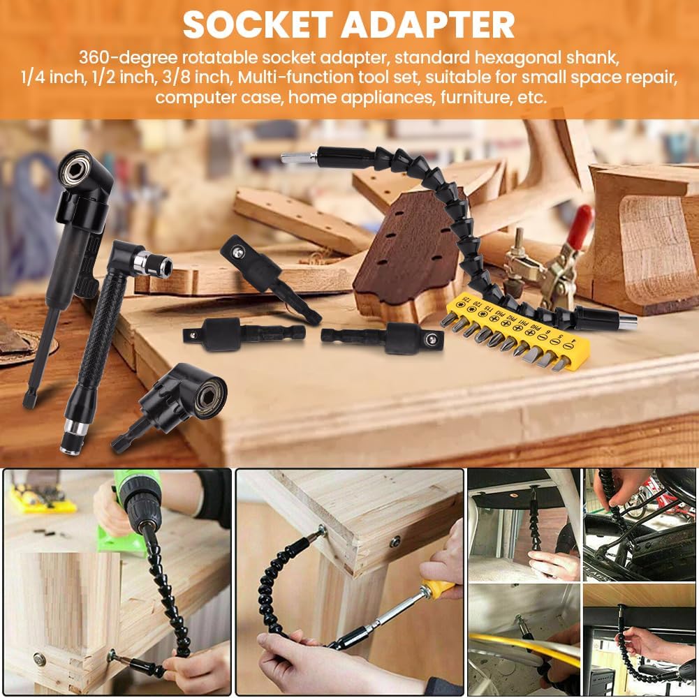 17Pcs Flexible Drill Bit Extension, with 3pcs Rotatable Socket Adapter, 2Pcs Hex Shank 105° Right Angle Drill Attachment, 10pcs Short Screwdriver Bit, 90° Angled Bits and Bendable Drill Bit Extension