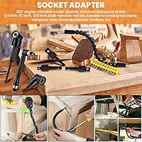 Vista 4 de 17 extensiones de broca flexible, con 3 adaptadores de enchufe giratorios, 2 accesorios de taladro hexagonal de 105° en ángulo recto, 10 puntas