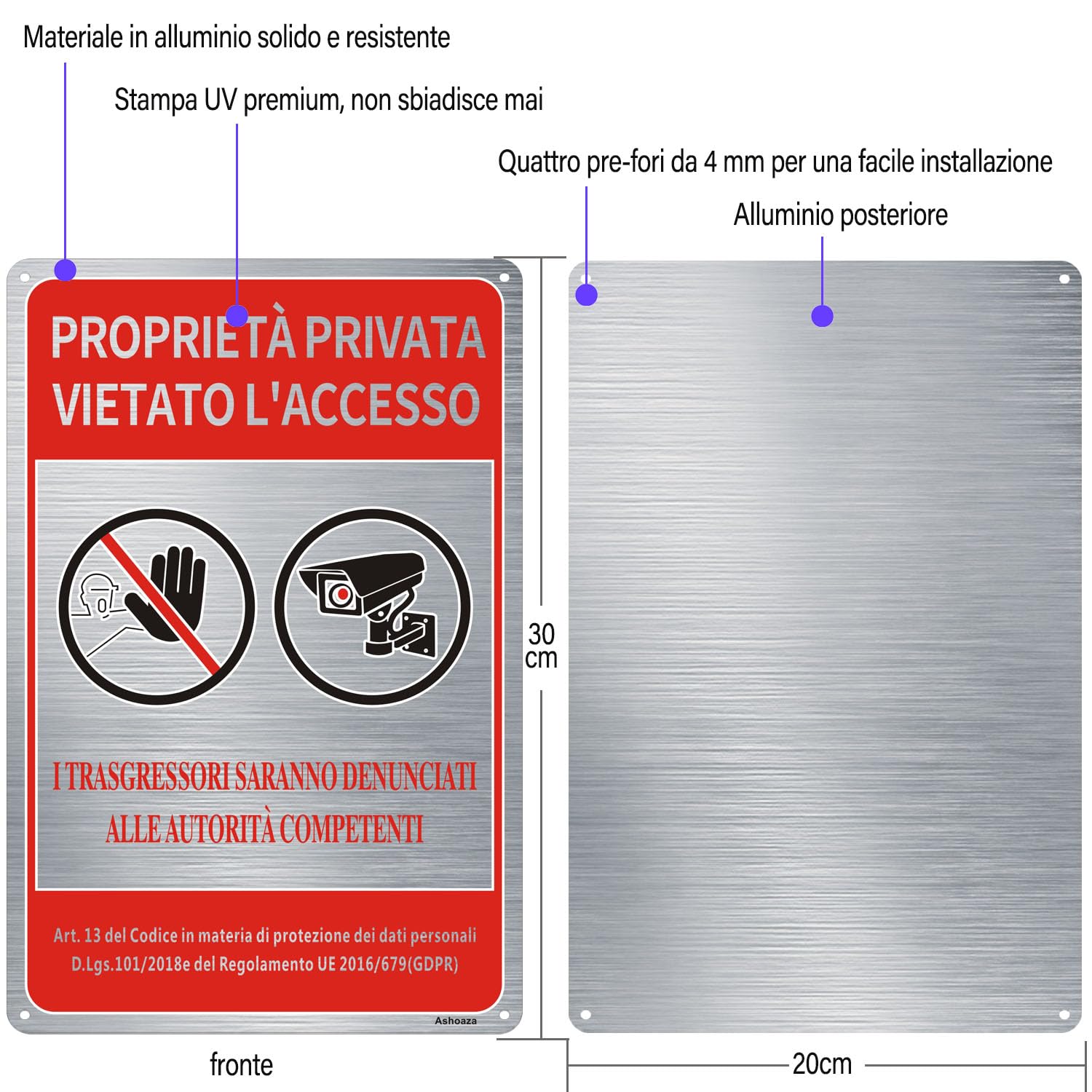 IT Ashoaza Vorsicht Vor Dem Hund Aluminium Sign, 4 Private Property Signs, Warning Of The Dog Signs Made Of Brushed Metal, Video Surveillance Area, Sign Prohibited Access (Cm 20 X 20