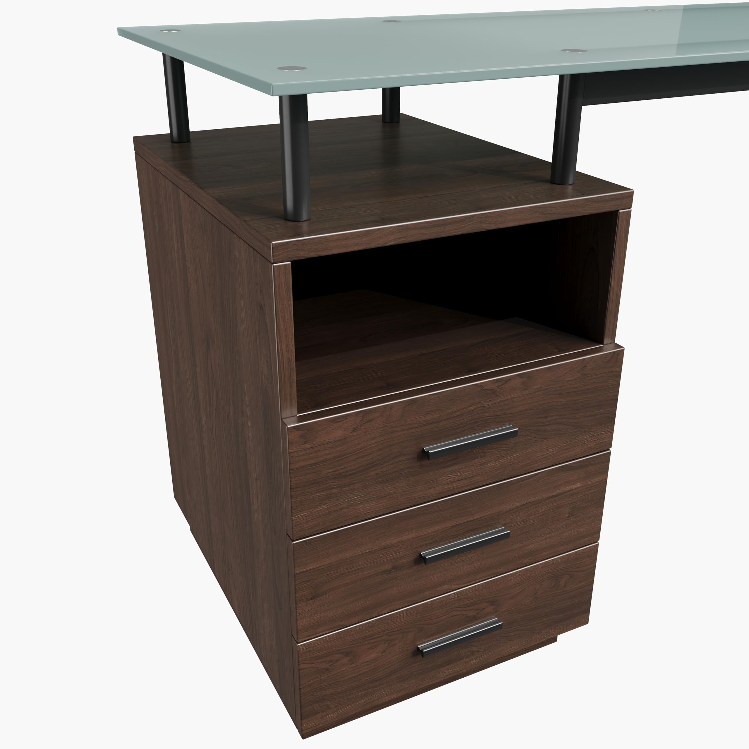 Moderno escritorio 130 x 50 x 75 cm, marrón, placa de cristal, estructura tubular de acero, tres cajones, compartimento abierto, cristal esmerilado templado, asas negras