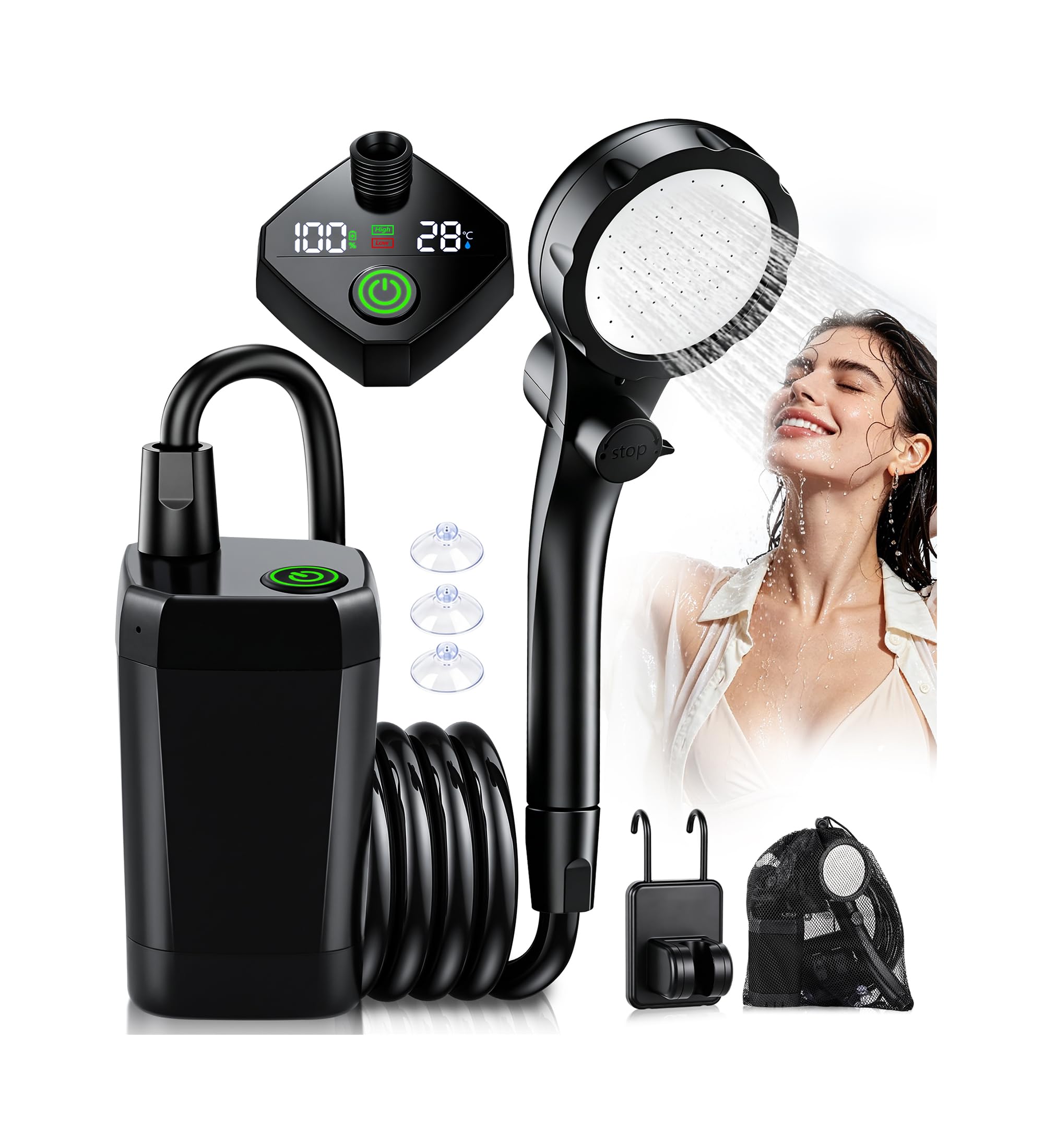 LuxBlue Camping Dusche mit Pumpe, Tragbare Campingdusche mit Akku 6000mAh, Duschkopf und 2M Schlauch, Outdoor Dusche Camping Mobile Set mit Akkustand|Temperatur LED Anzeige, Campingdusche für Campings