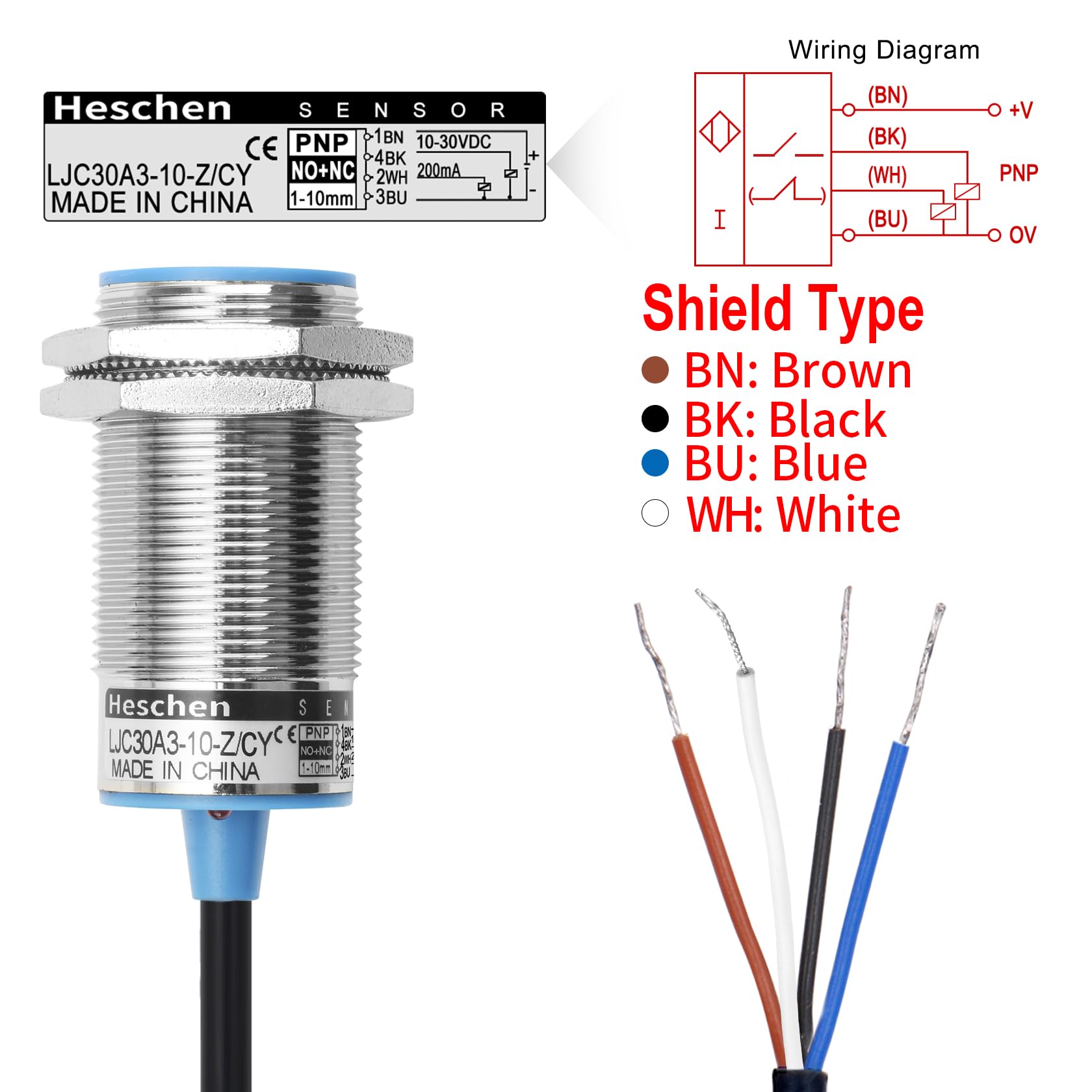 Heschen M30 pojemnościowy przełącznik czujnika zbliżeniowego, typ tarczy, LJC30A3-10-Z/CY, detekcja 1-10 mm, 10-30 VDC 200 mA, PNP NO+NC, 4 przewody