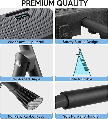 Vista 26 de TICONN Escalera de 3 escalones, taburete plegable resistente, taburete plegable de acero portátil para almacenamiento de garaje doméstico (negro)