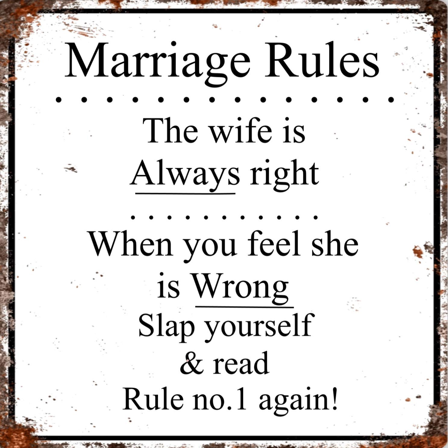 BigBazza Vintage Advertising Wall Tin Plaque Large Square 20x20cm Pub Shed Bar Man Cave Home Bedroom Office Kitchen Gift Metal Sign - Warning Marriage Rules Wife Always Right Fun Rules