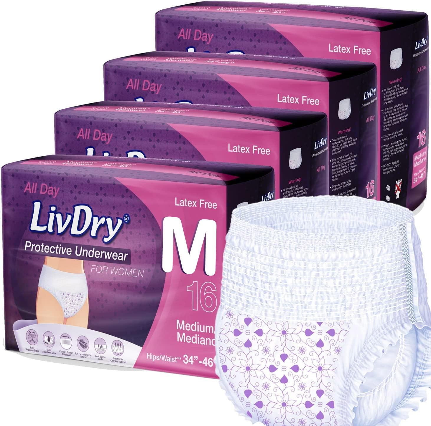 Livdry Adult Diapers for Women, Premium Incontinence Underwear, Comfortable and Absorbent for All Day or Overnight Protection - Medium (64 Count)