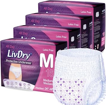 Livdry M Adult Diapers Women Overnight Incontinence Underwear, Ultimate Max Absorbency, All Day or Night Protection, Medium 64 Count