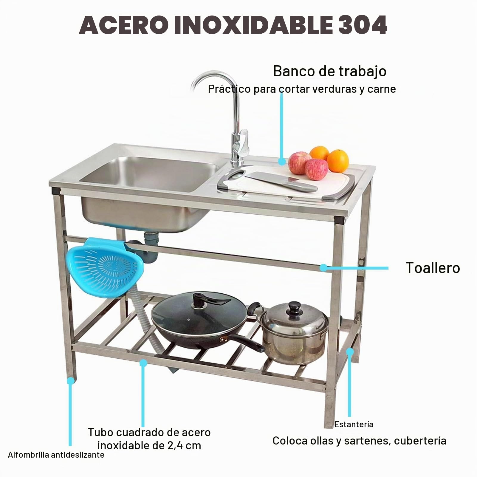Fregadero Exterior Jardin Acero Inoxidable con Patas Fregadero Portatil Camping Fácil De Limpiar con Grifo Y Soporte Fregadero Comercial para Lavandería Cocina Al Aire Libre