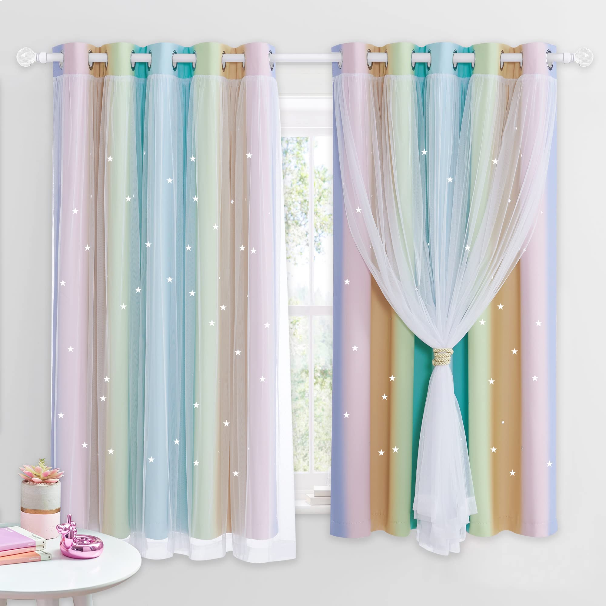 NICETOWN Rainbow Curtains for Kids - Star Cut Out Double Layer Blackout Curtains with Voile Thermal Privacy Protection for Nursery Bedroom Living Room, 2 Panels, W90 x L54 Inch (228x137 cm),Rainbow