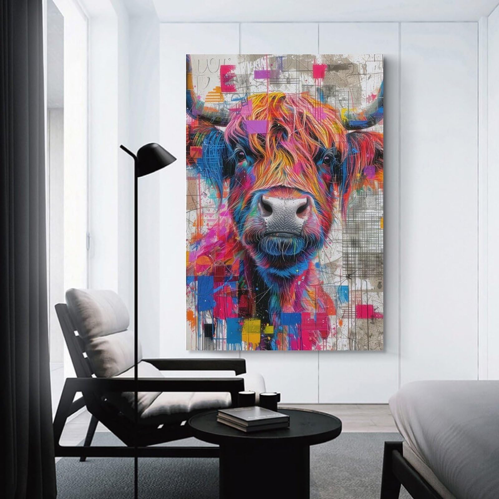 Junmoney Unframe-Style-13-1 Highland Cow Colorful Face Home Decor Wall Art 24X36inch(60X90cm), For Bedroom, Guest Room Or Reading Nook, Decorative Wall Art For Cosy Rooms