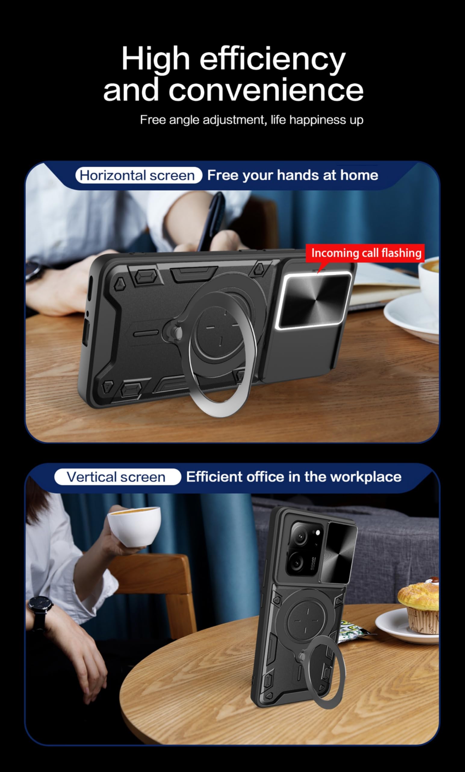 POUHYE Cover per Xiaomi 13T / Xiaomi 13T Pro Custodia, Copriobiettivo Scorrevole Antiurto Grado Militare Case con 360° Magnetica Anello Supporto, Hard PC Back e TPU Bumper Cover Blu