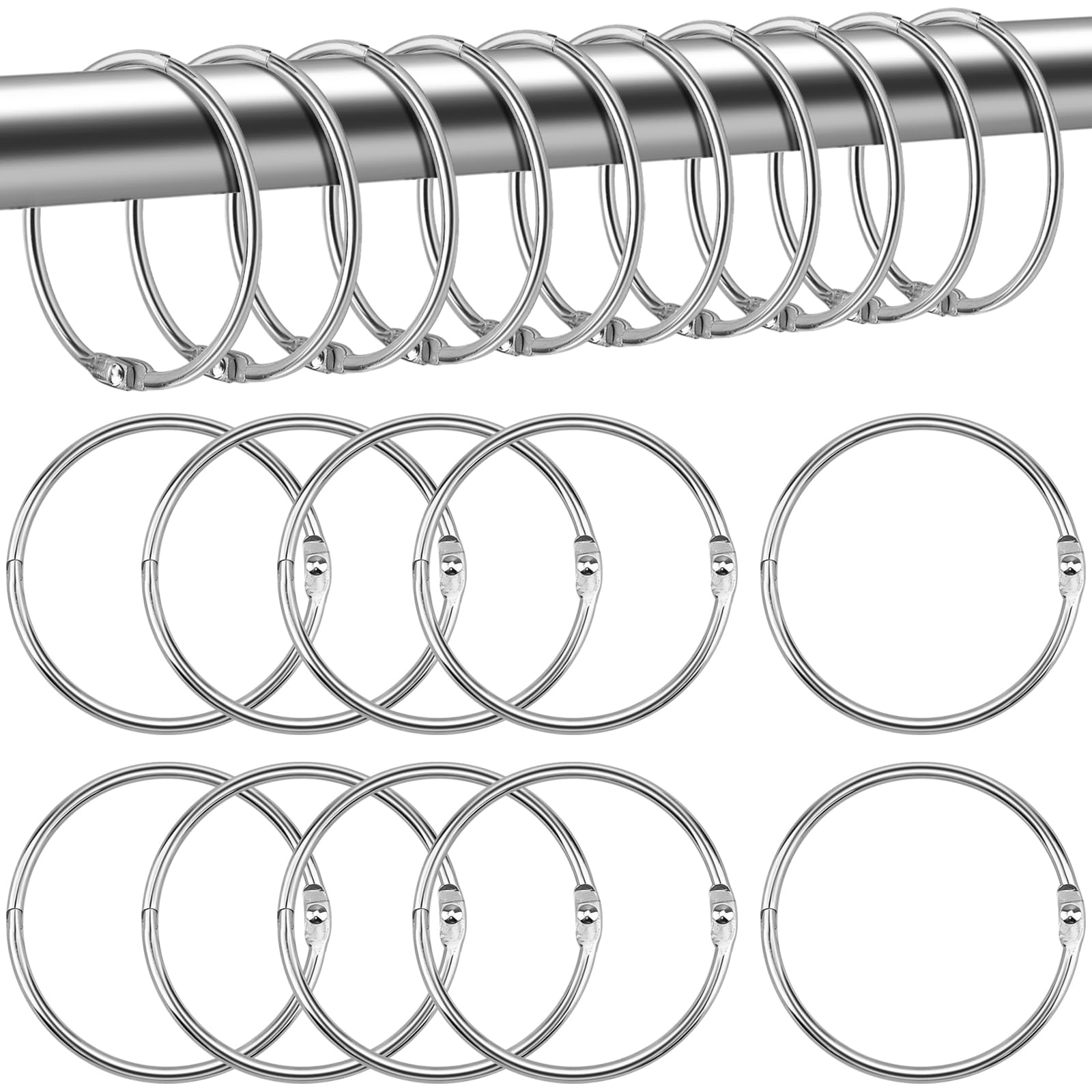 Lunhoo 20-Pack 50 mm Shower Curtain Rings, Shower Curtain Hooks, Multi-Purpose Round Clips, Large Metal Binder Ring, Key Ring (Silver)