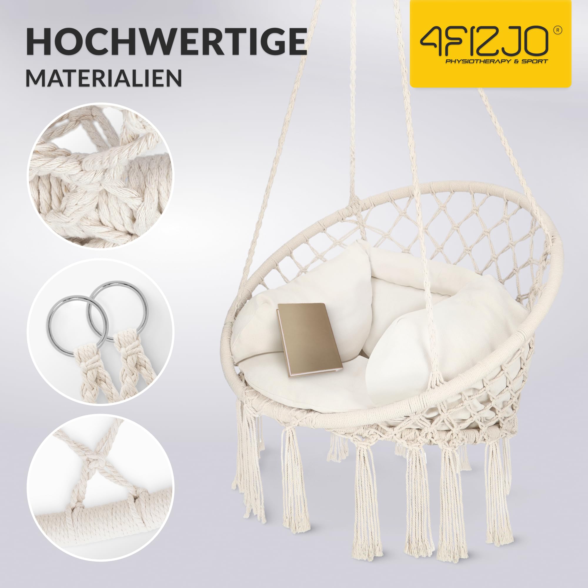 4FIZJO Hängesessel Boho mit Kissen, Makramee hängesessel, Garten schaukel, Hängekorb, Schaukelkorb, Therapieschaukel Kinder, Hängesessel Indoor & Outdoor, Hängesitz, Maximale Belastung 125 kg, Beige